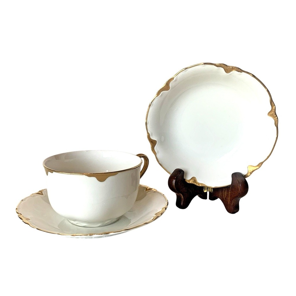 Johnson Bros Tea Set Trio White Gold Gilt Scalloped England‎ Porcelain